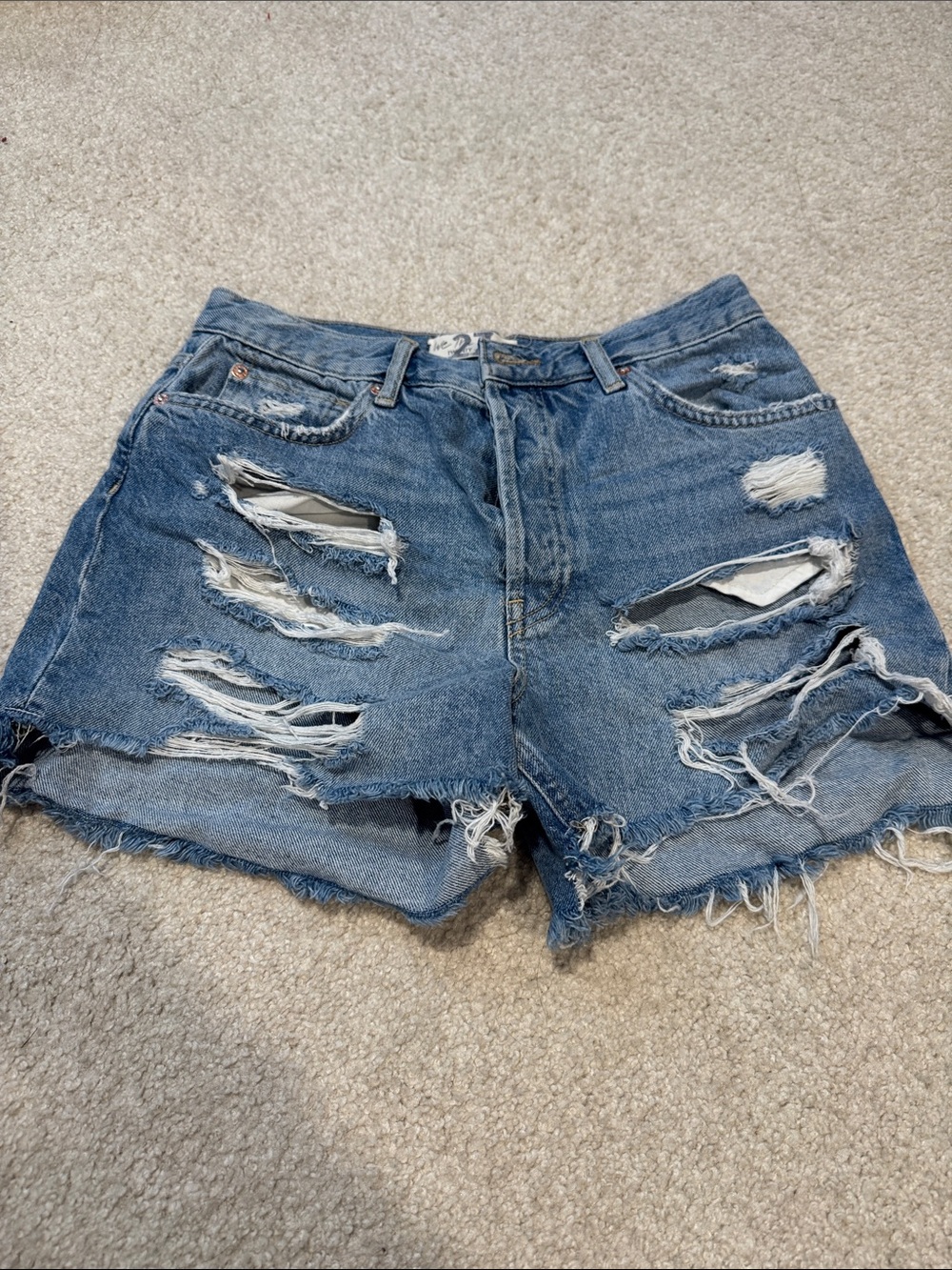 Free People Blue Distressed High-Rise Denim Cutoff Shorts